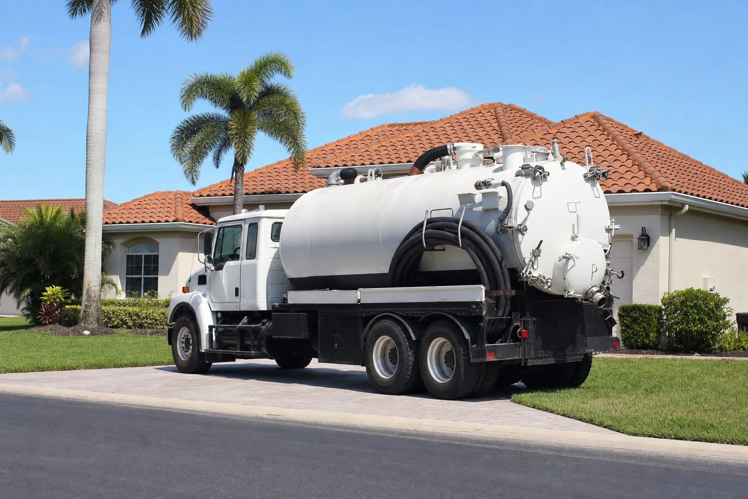 A septic pump truck of the kind that services commercial grease traps in Cape Coral and Fort Myers